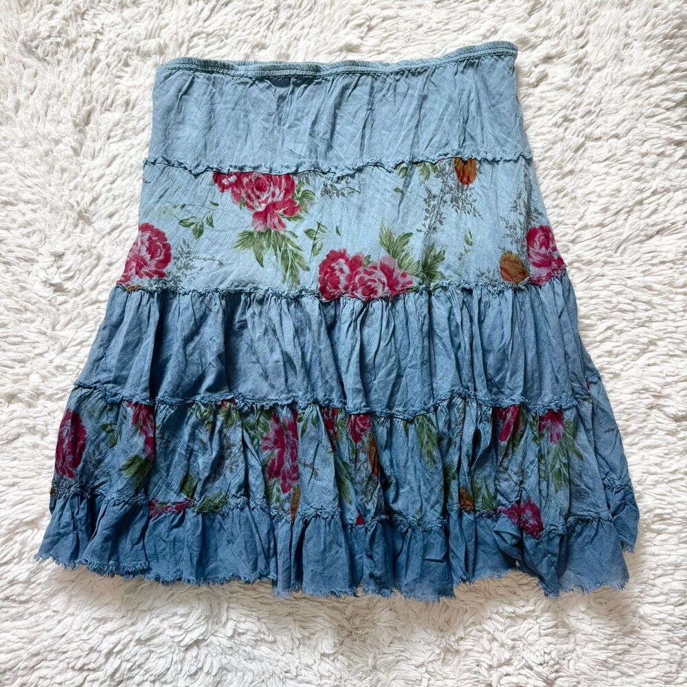 Vintage Blue Midi Tiered Floral Fairy Skirt Sz L Whimsical Cottage Core 00s Y2K